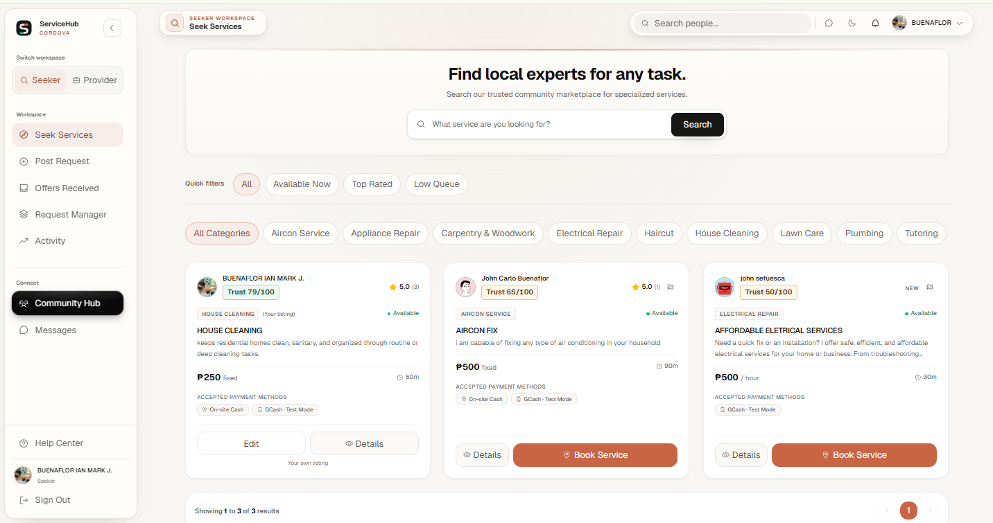 ServiceHub Seeker Workspace Dashboard